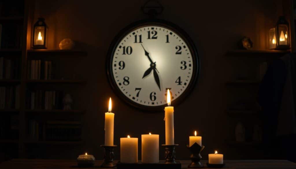 A dimly lit room, the clock on the wall reads 13:13. Soft, warm lighting casts a cozy glow, creating an atmosphere of introspection. In the foreground, a set of candles stands, their flames flickering gently. The background features shelves lined with metaphysical books and crystals, hinting at the esoteric nature of the subject. The image conveys a sense of balance, contemplation, and a reverence for the mystical power of the number 13:13. The composition is balanced, with the clock and candles forming a central focal point, drawing the viewer's attention to the significance of this particular time.