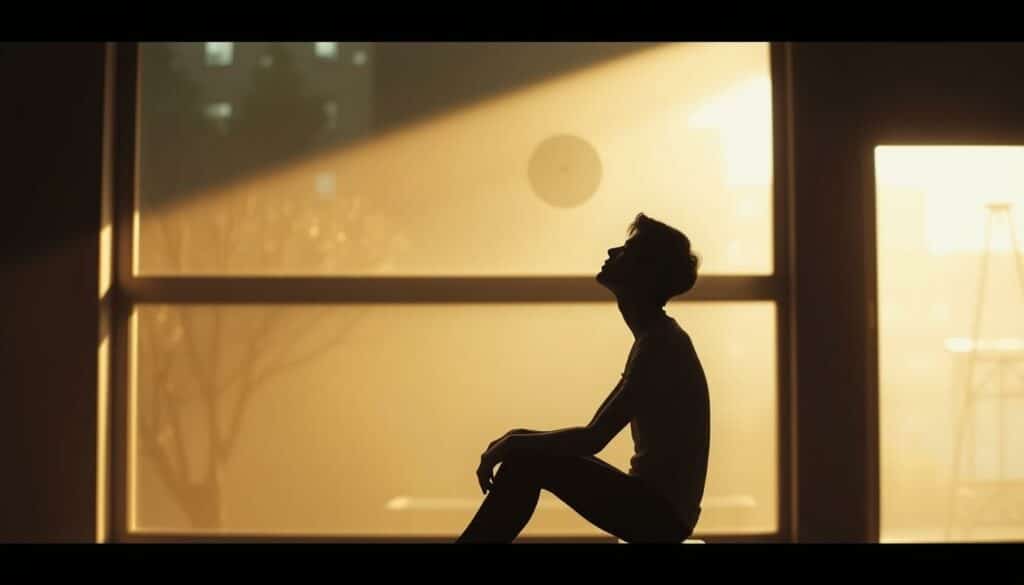 A serene, contemplative scene of a lone figure sitting in deep reflection at 4:16 pm. The subject is bathed in warm, diffused natural light, casting a soft glow and long shadows. The background is a minimalist, muted interior with a large window overlooking a peaceful garden or urban landscape. The figure's posture is introspective, with eyes closed and a pensive expression. Subtle visual cues, such as the position of the sun or a clock in the frame, reinforce the specific time of 16:16. The overall mood is one of quiet introspection, inviting the viewer to pause and reflect alongside the subject.