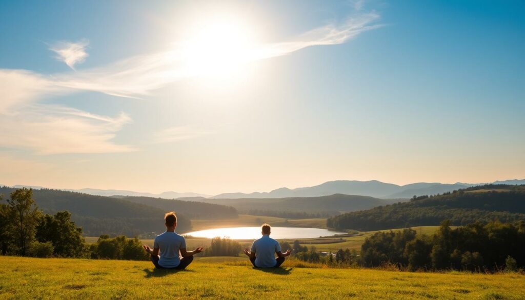 A tranquil, harmonious scene of serene emotional well-being. A gentle sunrise bathes a pastoral landscape in warm, golden light. In the foreground, a lone figure sits cross-legged, eyes closed in meditative contemplation, radiating an aura of inner peace. Soft, wispy clouds drift overhead in a clear, azure sky. The middle ground features a small pond or lake, its mirror-like surface reflecting the surrounding natural beauty. In the distance, rolling hills and lush, verdant forests create a sense of balance and harmony. The entire scene conveys a profound emotional resonance, a state of emotional and spiritual wholeness.